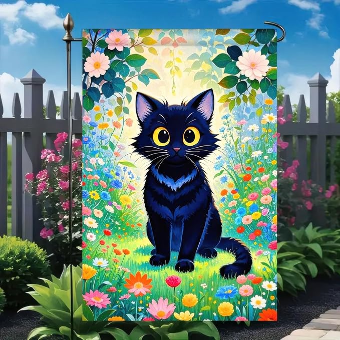 Spring Garden Flags 12x18 Double Sided Spring Garden Flags For Outside Decor Black Cat with Colorful Flowers Backdrop Seasonal Outdoor Decoration Springs Banner For Home