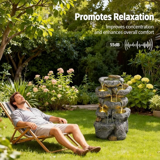 Solar Water Fountain Outdoor Garden, 24" H Cascading Stone Design 5 Tier Rock Feature Outdoor Fountains Waterfalls with Light, Pump Solar Panel for Patio, Deck, Porch, Backyard Home Décor