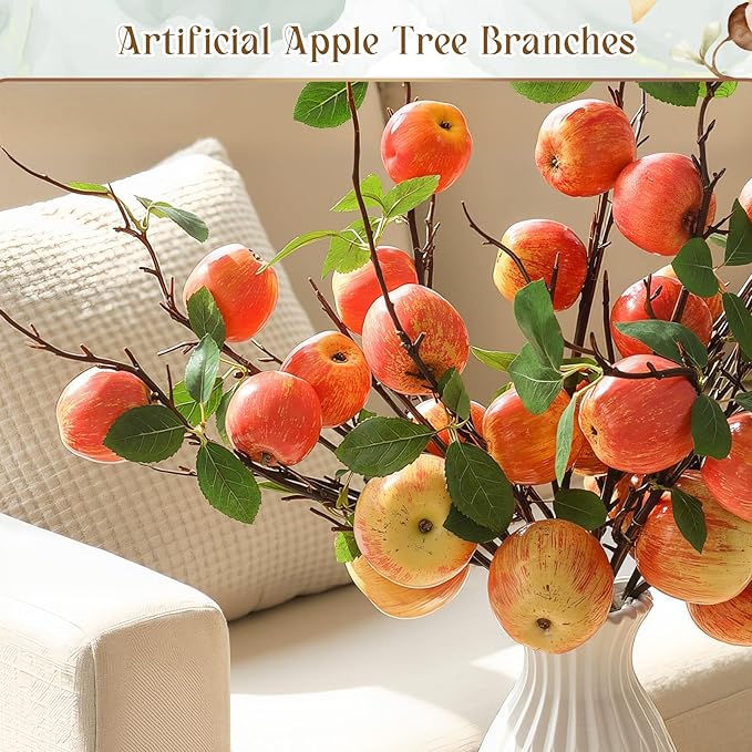 10 Pcs 21.65 Inches Artificial Fake Apple Branches Realistic Tall Apple Bouquets Tree Branch with Long Stem and Green Leaves Fruit Plant for Home Office Vase Filler Shop