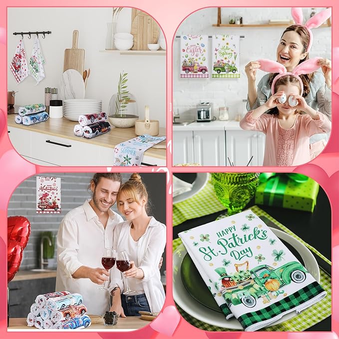 FuWeave 12 Pcs Seasonal Kitchen Towels Set for All Holidays Hand Dish Tea Towels Gift Bulk Valentine's Day Absorbent Dishcloths Housewarming Gift for Cooking Kitchen Bathroom(Truck Style)