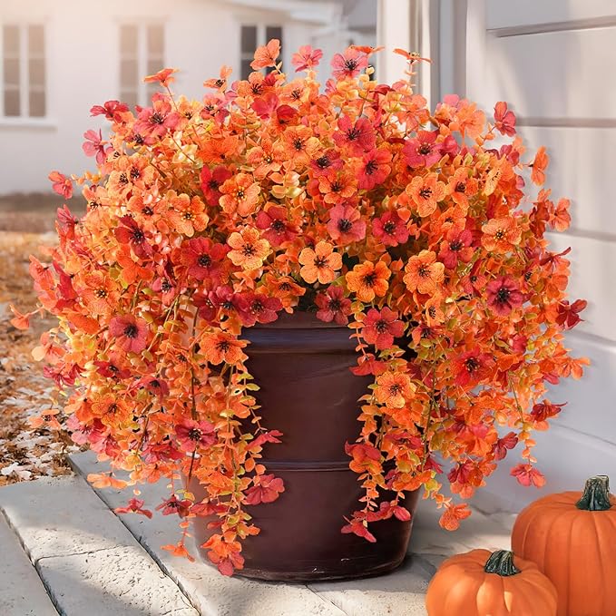 ZFProcess Artificial Fall Flowers for Outdoors, 2PCS Silk Fake Flowers Realistic Daisy Mums UV Resistant Porch Patio Window Yard Decor (Fall Orange)