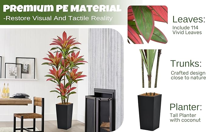 Roselywed Artificial Red Dracaena Tree 6FT with 114 Leaves & 7 Heads & Black Tall Planter Cover with Coconut Fiber Tall Faux Tropical Silk Bicolor Plant 72 Inch for Indoor Home Office Porch Mall Decor