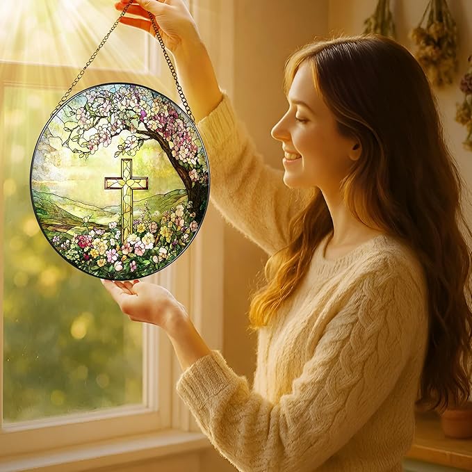 8'' Christian Cross Ornament, Stained Glass Window Hanging, Sun Catcher Window Decor, Christian Faith Home Decor, Gifts for Christmas, Cross Gifts for Religious