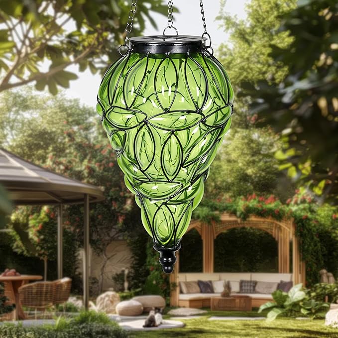 Naboher Solar Hanging Lantern Outdoor Garden Lights, Tear-Shaped Glass and Metal Hanging Lantern, 15 Firefly LED Lights, 7 x 24 Inch,(Green)