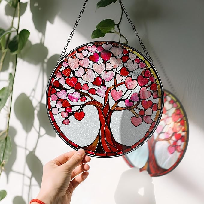 8'' Love Heart Tree Sun Catcher - Stained Glass Window Hanging, Suncatcher for Window Doors Home Decor | Christmas, Birthday, Mother's Day, Valentine's Day Gifts for Her, Girlfriend, Wife, Mom, Friend