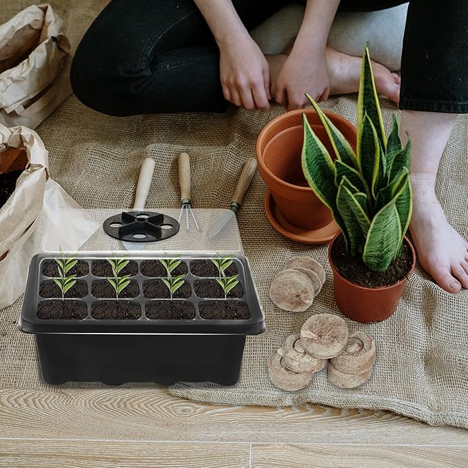 Halatool 4 Pack Seed Starter Tray with 50 PCS Peat Pellets, 48 Cells Black Seeding Starter Trays for Organic Seed Starter Soil Pods for Planting Vegetables Plants Flowers - Starting Seeds Kit