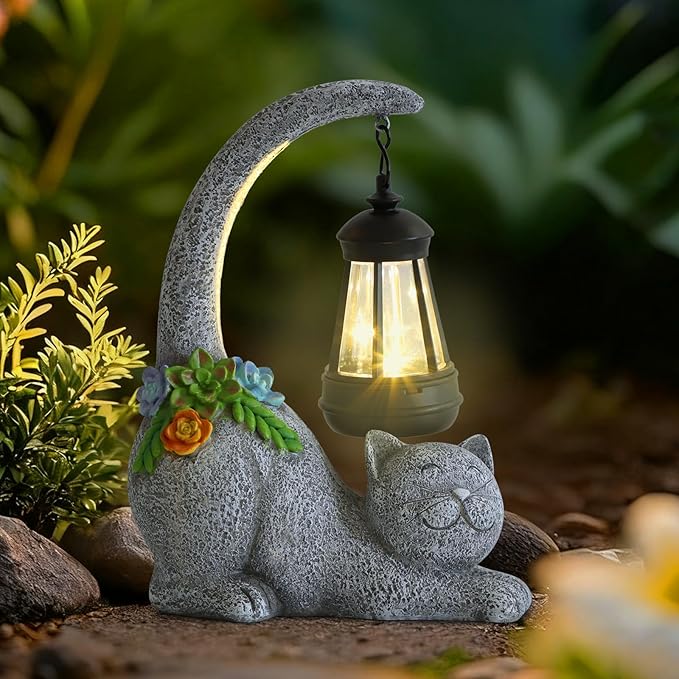 Ploxoiven Garden Cute Cat Gnome Statue Decorations - Solar Resin Cat wtih Solar Garden Lights Outdoor Decorations Waterproof for Patio,Yard,Lawn,