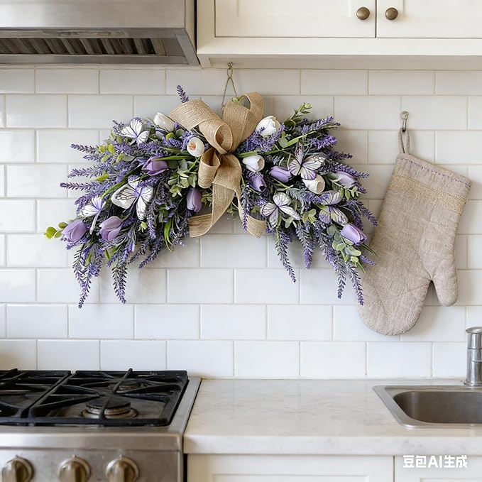 Valentine's Day Artificial Heart Shaped Teardrop Swag Wreaths Spring Summer Fake Flower Wreath for Gifts Festival Front Door Window Wall Decor (1, Purple Tulips)