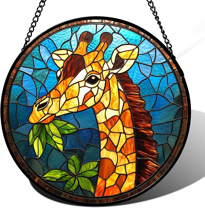 Stained Glass Window Hanging Orange Giraffe Blue Green Leaves 7.8" - Suncatcher Door Garden Sunroom Sun Catcher Home Decor Birthday Christmas for Mom Men Woman Nana