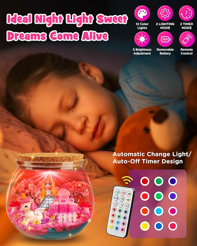 D-FantiX Princess Light Up Terrarium Kit for Kids, Unicorn Toys for Girls Age 4-6-8-10, Led Night Light Birthday Gifts for Girls 4 5 6 7 8-12 Year Old, DIY Arts and Crafts, Christmas Stocking Stuffers