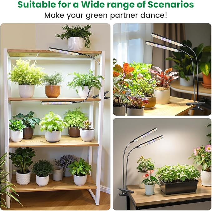 Aumtrly Grow Lights for Indoor Plants, 2 Head 114 LED Full Spectrum Clip on Plant Lights for Indoor Growing with 6/12/16H Timer, 5 Dimming, 3 Light Mode, Black Gooseneck Grow Lamp