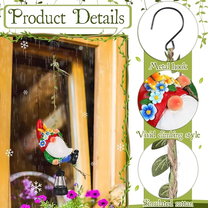 Solar Hanging Gnome Statue 6.3" H Climbing Gnomes with LED Lantern Hook Waterproof Hanging Gnomes Outdoor Decor Tree Yard Porch Wall Decoration Birthday Gift for Mom Women