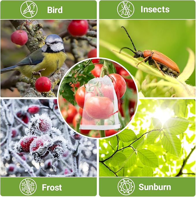 Mesh Fruit Cover Bags Against Birds - 25pcs 4x6 in Protection Bags With String for Trees, Vegetables, Flowers - Netting Away From Bugs