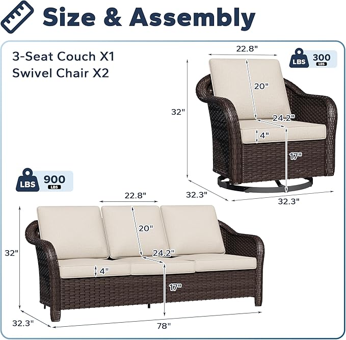 3 Pieces Patio Conversation Set, 78" Wicker 2-Seat Couch with Washable Cushions, Wicker 360 Degree Swivel Glider Rocker Chairs, Sofa for Garden, Lawn (Beige)