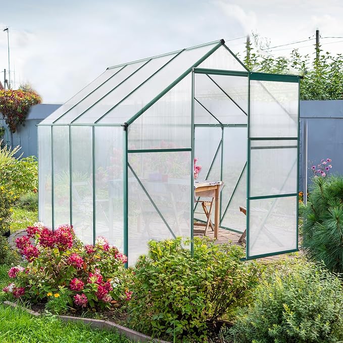VINGLI Greenhouse, 6x8 FT Heavy Duty Polycarbonate Greenhouse with 5 Roof Vents, Aluminum Frame, Sliding Doors, Green