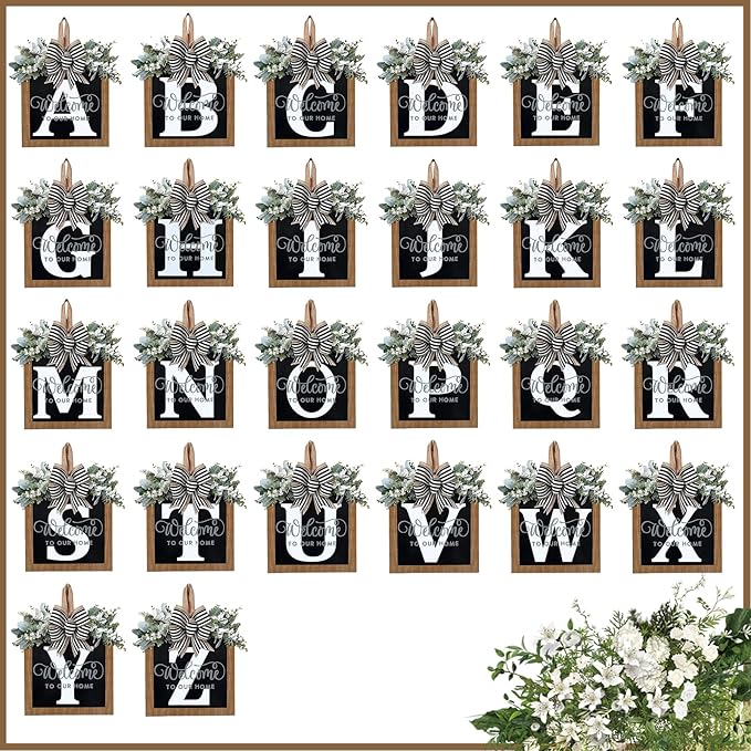 Ultra Large 14'' Last Name All Year Round Front Door Wreath with 26 Initial Letter Welcome Sign All Seasons Eucalyptus Garland and Bow Wreaths for Front Door Porch Farmhouse Decoration (M)