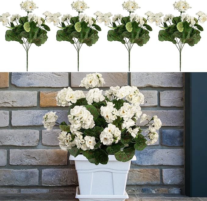 Uqueeten 4pcs Fake Flower Artificial Geranium,Artificial Flowers for Outdoors, White Geraniums Artificial Flowers Realistic,Artificial Geraniums for Outdoors Fake Plant Decoration14.4 (White)