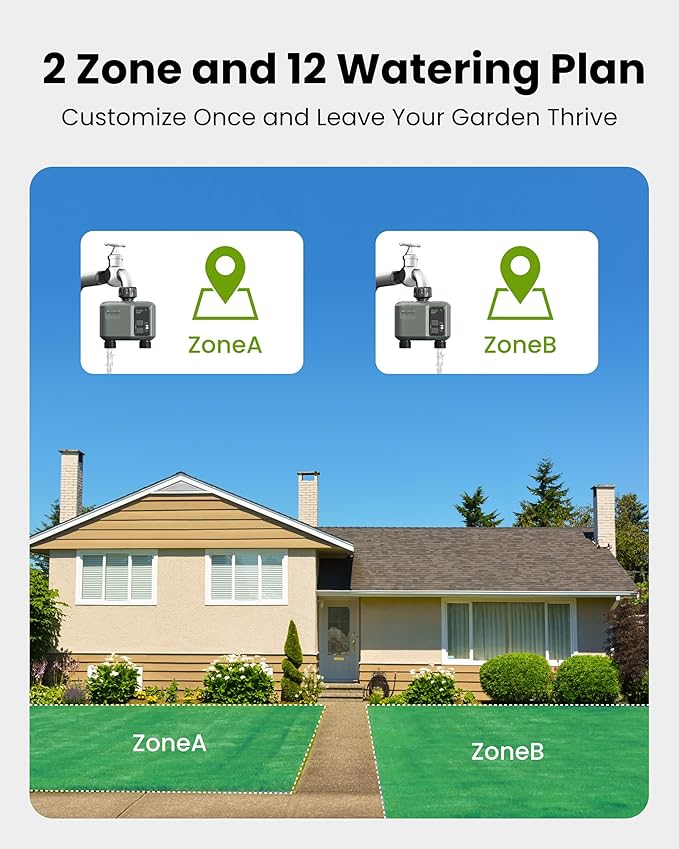 2 Zone Sprinkler Timer, Programmable Hose Timer with Brass Inlet & Outlet, for Garden Hose with Rain Delay/Manual Watering/Automatic Irrigation Controller System for Yard, Lawn