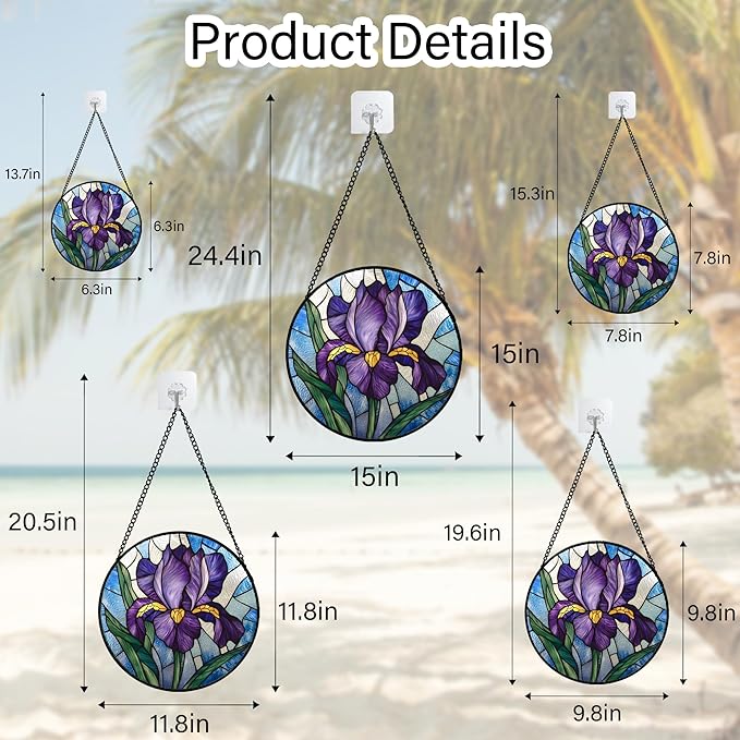 HWRHTR Stained Glass Window Hanging - Iris Birth Flower Suncatcher for Doors Garden Yard Purple Blue Sun Catchers Decor Christmas Mother's Day Birthday Gifts for Teacher Women Mom Nana 6.3 in