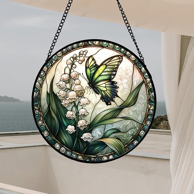 DASTOLL Stained Glass Window Hanging, Lily of The Valley Flower Butterfly Suncatcher for Doors Home Sun Catchers Decoration and Christmas, Mother's Day Birthday Gifts for Women, Men, Mom 14.9x14.9 in