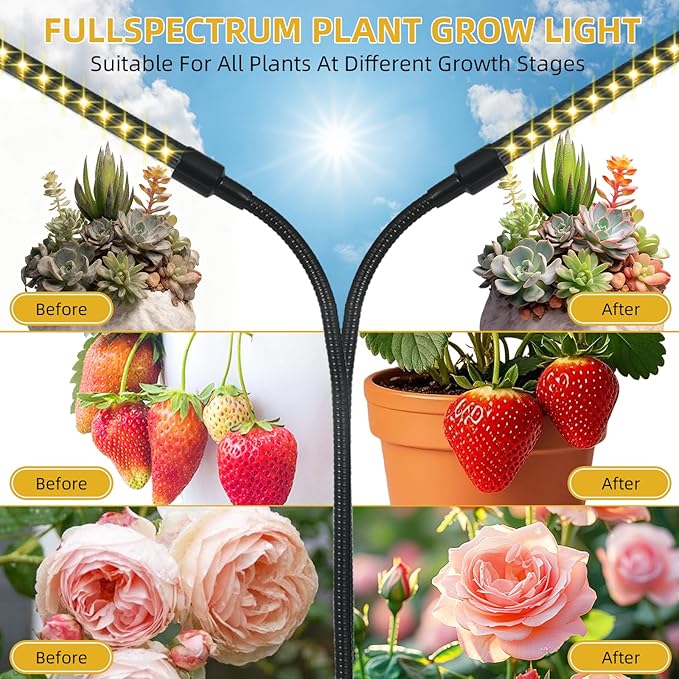 Grow Lights for Indoor Plants,Plant Light with Full Spectrum,10 Dimmable Level, 3/9/12H Timer,3 Switch Modes, Adjustable Gooseneck,2 Heads Clip-On