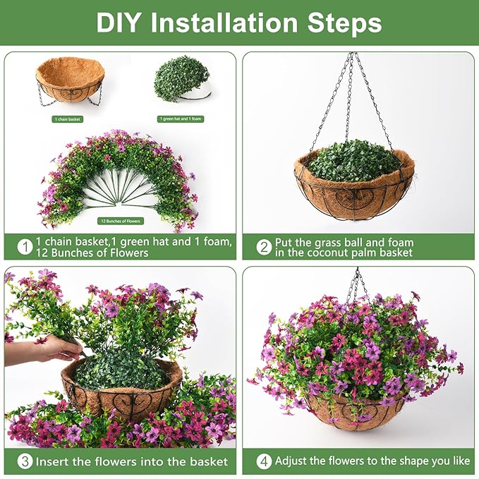 INQCMY Artificial Flowers Hanging Baskets for Outdoors Spring Decor, 12 Bundles Fake Plants Faux Silk Daisy with Eucalyptus Stem UV Resistant for Outside Patio Balcony Garden(Purple Fuchsia)