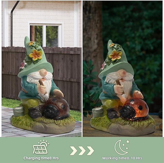Garden Solar Gnomes Outdoor Statues with Ladybug Flower Gnome Outdoor Decor for Patio, Balcony, Lawn, Yard Ornament - Garden Gifts for Mothers Day, Housewarming, Festival