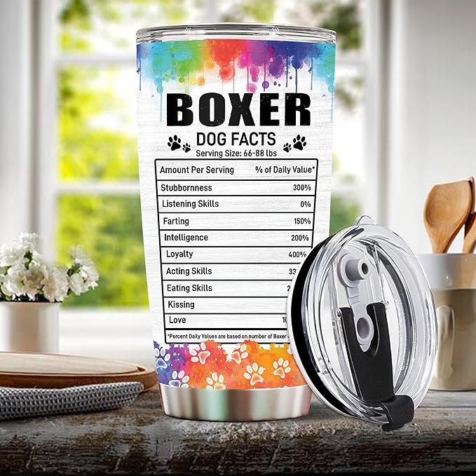 WONWIX Gifts for Boxer Lovers 20 Oz Stainless Steel Tumbler Travel Coffee Mug Birthday Christmas New Year Thanksgiving Easter Gift Ideas for Dog Lovers Owners Boxers Mom Funny Facts Water Bottle