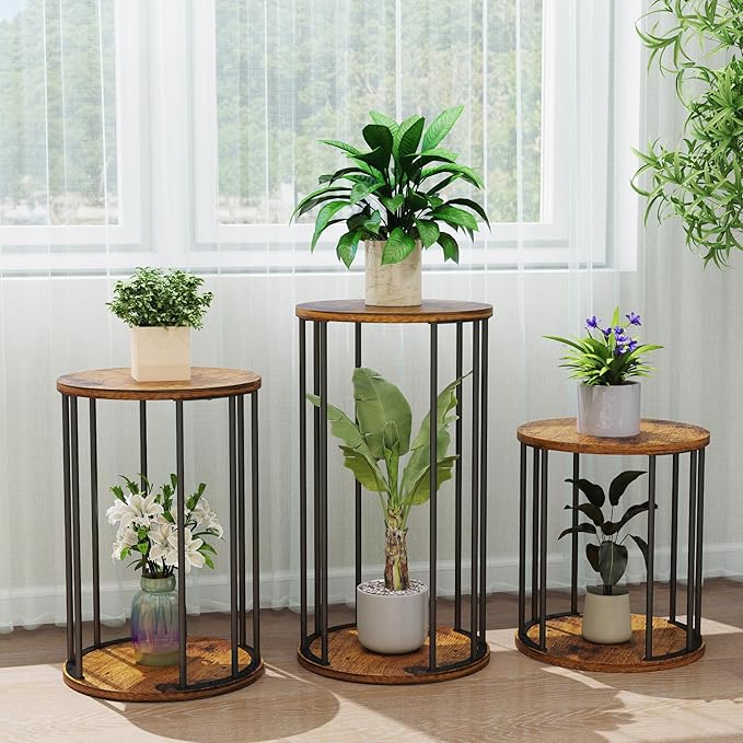 Leinade Plant Stand Indoor,small plant stool,Flower Pot Corner stand holder,Mid Century Heavy Duty Metal Tall Home Decor,Modern Round End Table,Small Rustic Display Stand for Living Room,Bedroom(Brown,18In)