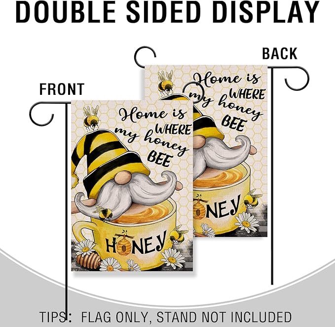 Artofy Home is Where My Honey Bumble Bee Gnome Decorative Garden Flag, House Yard Spring Summer Outside Decor, Outdoor Small Burlap Decoration 12x18