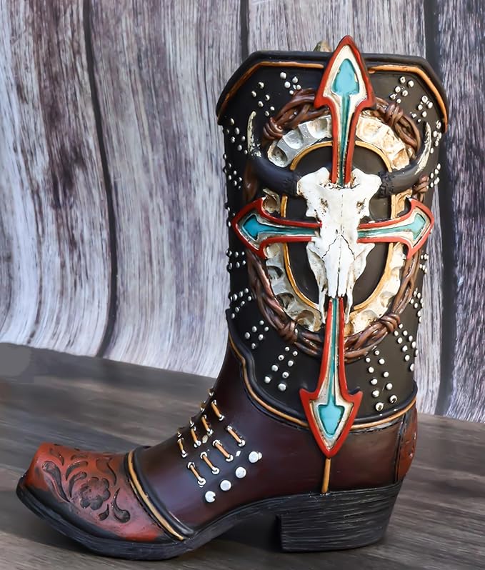 Ebros Gift Rustic Country Western Cow Skull Turquoise Cross and Barbed Wires Faux Tooled Leather Cowboy Boot Decorative Flower Vase Or Planter Figurine