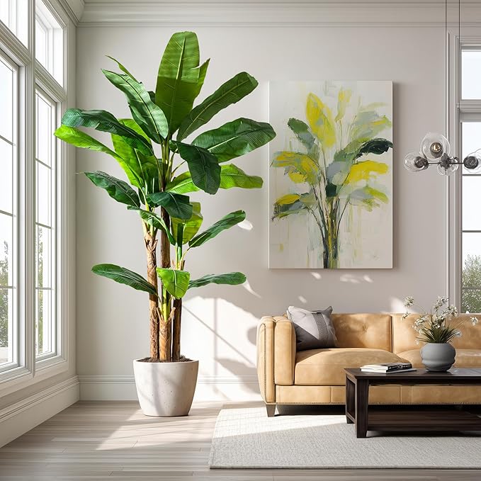 Artificial Banana Tree 8.2ft, Faux Tropical Palm Tree Plant with Realistic Leaves, Low Maintenance Indoor Outdoor Decor for Home Office Porch, in Nursery Pot