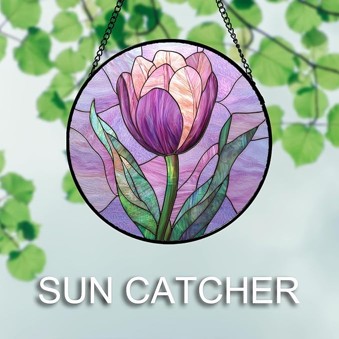 Stained Glass Window Hanging Purple Tulips Flower 7.8" - Suncatcher Door Garden Sun Catcher Home Decor Birthday Mother's Day for Mom Men Woman Parents Her Nana Friend
