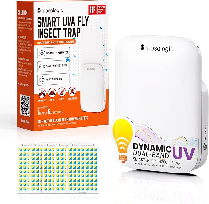Mosalogic Indoor Fruit Fly Traps Smart Gnat Trap for House Indoor with Motion Sensor Night Light-3 Modes,Silent,600 Sqft Coverage,Catches Fruit Flies,Gnats,Moth, 1 Device with 5 Refills White