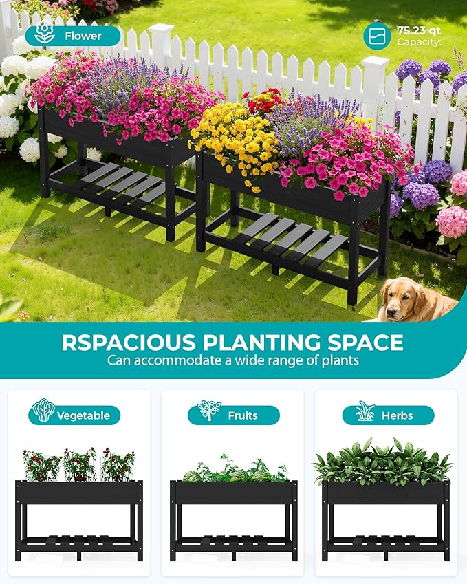 SERWALL Raised Garden Bed with Legs Set of 2, 43"×17"×30" Large HDPE Elevated Planter Box for Vegetables Flower Herb Patio, All Weather Use-Black
