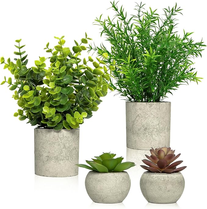 Ferrisland Small Fake Potted Plants: 4 Pcs Artificial Potted Decor Set - Faux Green Eucalyptus and Mini Succulent Desk Decorations for Indoor Kitchen Room or Home Table Centerpieces