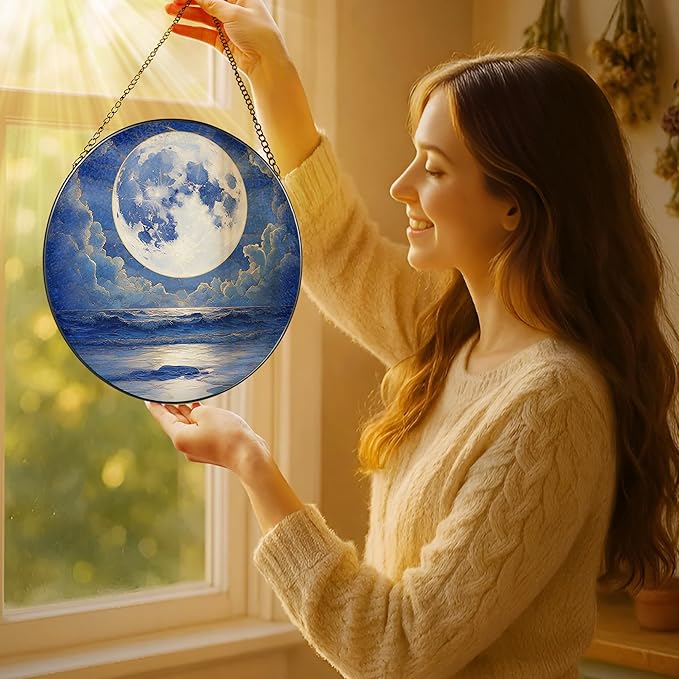 LAOWEIKI 8'' Full Moon Over Ocean Sun Catcher Ornament, Stained Glass Window Hanging, Suncatchers for Windows Hanging Ornaments, Window Decor | Ideal Gift, Mother's Day, Christmas, Birthday Gifts