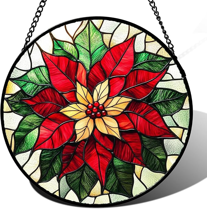 AMDERVEN Stained Glass Window Hanging - Red Poinsettia Birth Flower Sun Catcher for Door Garden Home Decor Suncatcher Christmas Mother's Day Birthday Gifts for Women Men Mom Girl Nana Friend 11.8 in