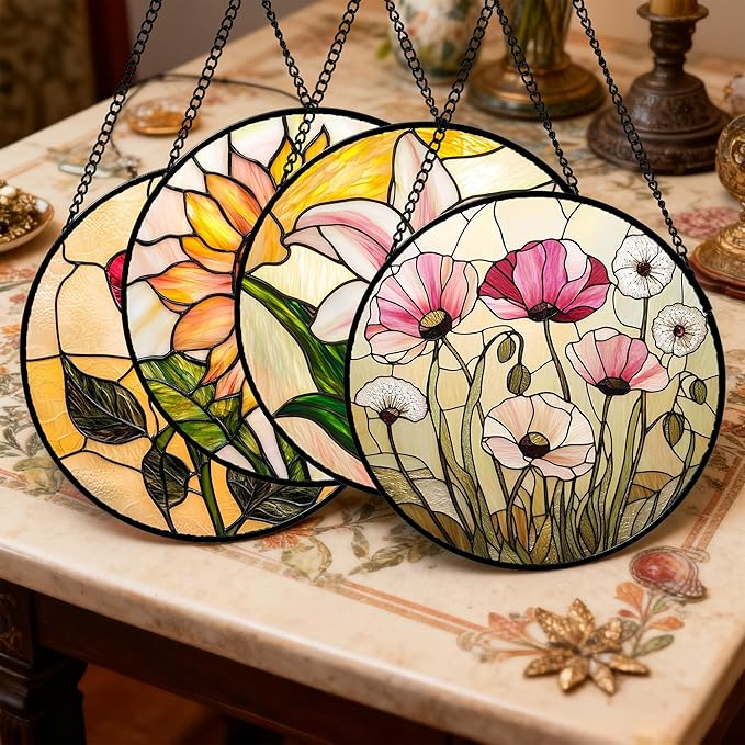 AMDERVEN Stained Glass Window Hanging 4 Pcs Set Lily Rose Sunflower Poppy Large 11.8" - Flower Suncatcher Door Garden Sun Catcher Decor Birthday Mother's Day for Wife Woman Nana Girl