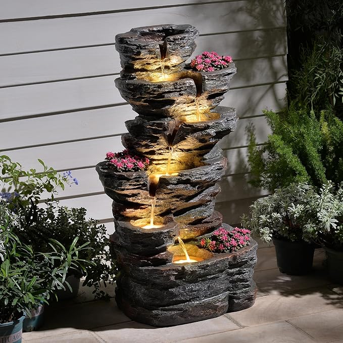 32.7’’H 6-Tier Rock Water Fountain Outdoor Cascading Waterfall Fountain with 3 Plant Nooks and LED Lights, Outdoor Water Fountain for Garden, Patio, Porch & Yard Decor