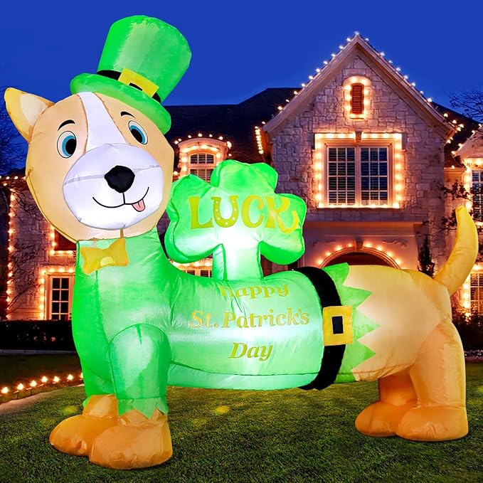 DomKom St. Patricks Day Inflatable Decorations, 4ft Cute Dog Dachshund Blow Up Lucky Day Décor Built-in LED Lights Carrying Good Luck Shamrock for Outdoor Holiday Party Lawn Yard Garden Patio