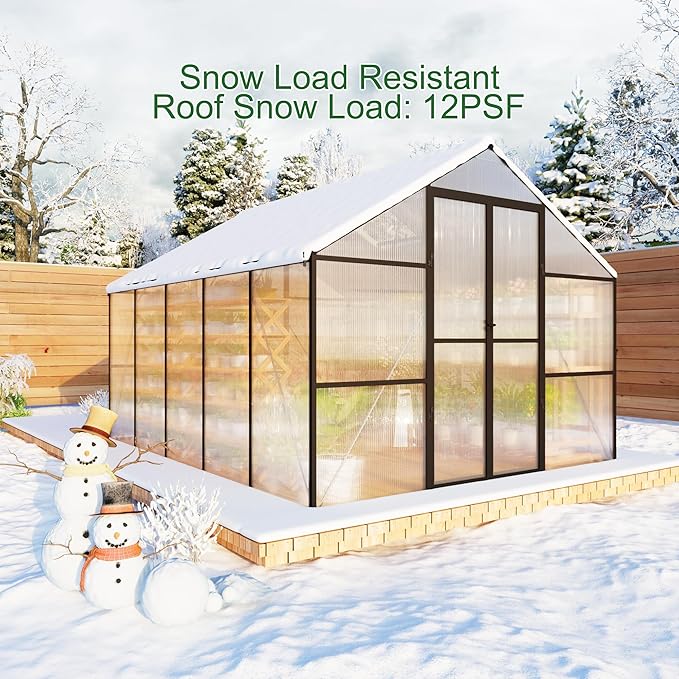 8X10 FT Walk in Greenhouse, Quick Setup Polycarbonate Greenhouses for Outdoor with Roof Vent and Rain Gutter, Swing Lockable Door Large Aluminum Green Houses for Outside, Black