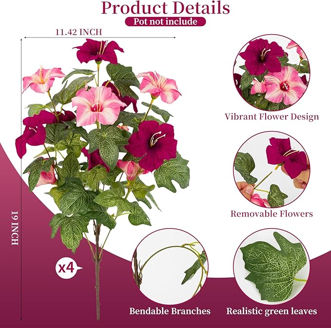 Brlita 19 Inch Artificial Flowers for Outdoor Indoor Garden Home Decoration,Faux Flower for Home Office Garden Patio Balcony 4 Bundles (Rose red Pink)