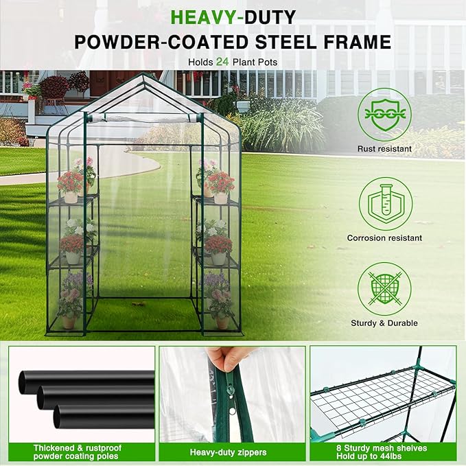 Yesker Greenhouse 57.5"x57"x77" Walk In Green House - Large Outdoor/Indoor Greenhouses with 8 Shelves Waterproof PVC Cover & Windows, Portable Greenhouse Kit for Winter Backyard Gardening Patio, Clear