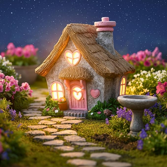 PRETMANNS Fairy House for Outside with Solar Powered LED Lights for Garden - Fairy Garden Houses for Outdoor - Miniature Accessories for Cottage Decor for Village - 7.56” High, Pink