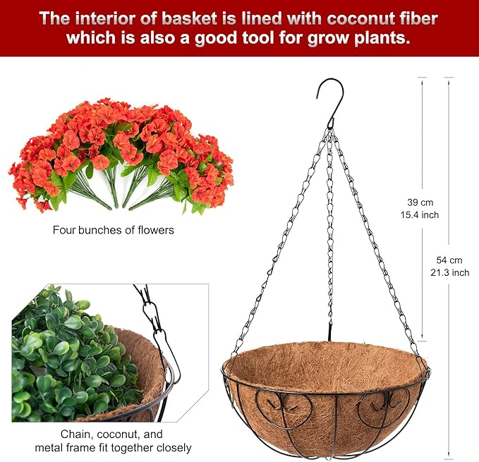 Ammyoo Artificial Hanging Flower Plants with Basket for Summer Autumn Outdoor Decoration, Faux Petunias Flowers Fake Morning Glories Planter for Outside Patio Garden Porch Balcony Yard Decor(Orange)