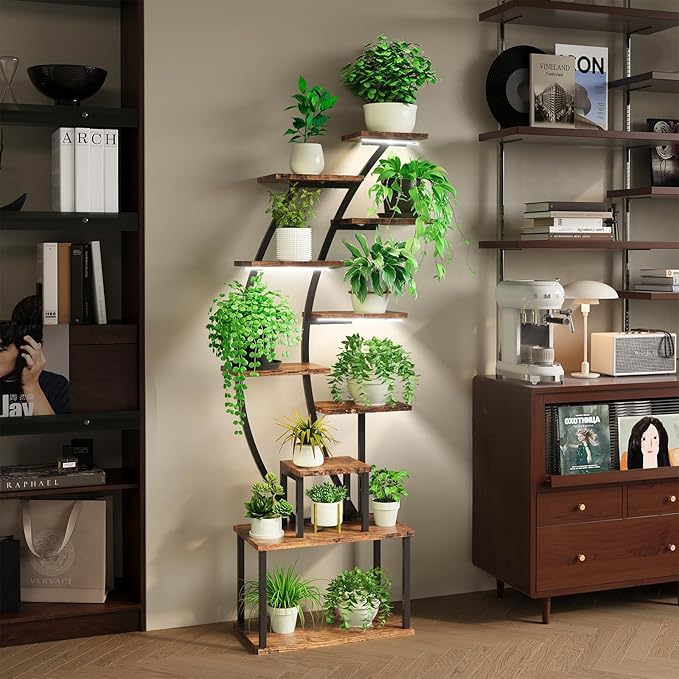 ROOMTEC Plant Stand Indoor with Grow Lights, 9 Tiered Indoor Plant Stand, 63" Metal Plant Shelf, Tall Plant Stands Indoor Multiple Stands for Living Room, Patio