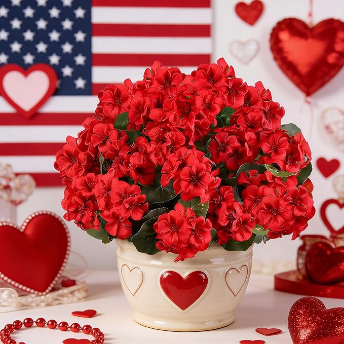 Artificial Flowers for Outdoors, 6 Bundles Realistic Silk Fake Red Geraniums, No Fade Faux Plastic Flowers for Outdoor Planters, Hanging Baskets, Window Boxes, Porch, Patio Decor