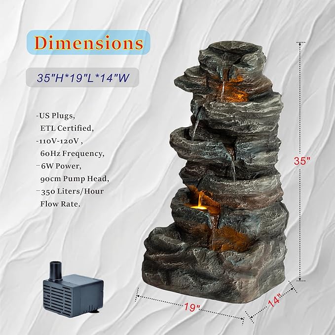 6-Tier Outdoor Cascading Stone Water Fountain, 35" H Freestanding LED Rock Waterfall with Natural Stone Appearance and Lights, Resin Water Feature for Garden Patio Yard Deck
