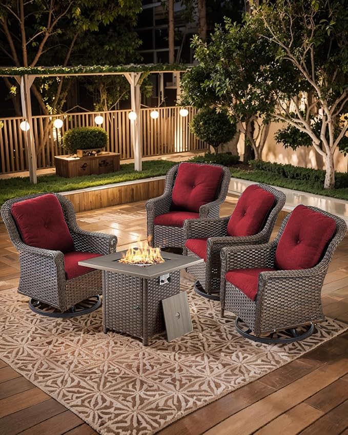 Outdoor Patio Swivel Gliders with Fire Pit Table 5 Piece Set - High Back Brown Wicker Rattan Rocking Chair with Thick Cushion for Porch Apartment Deck Yard Poolside Garden - Red
